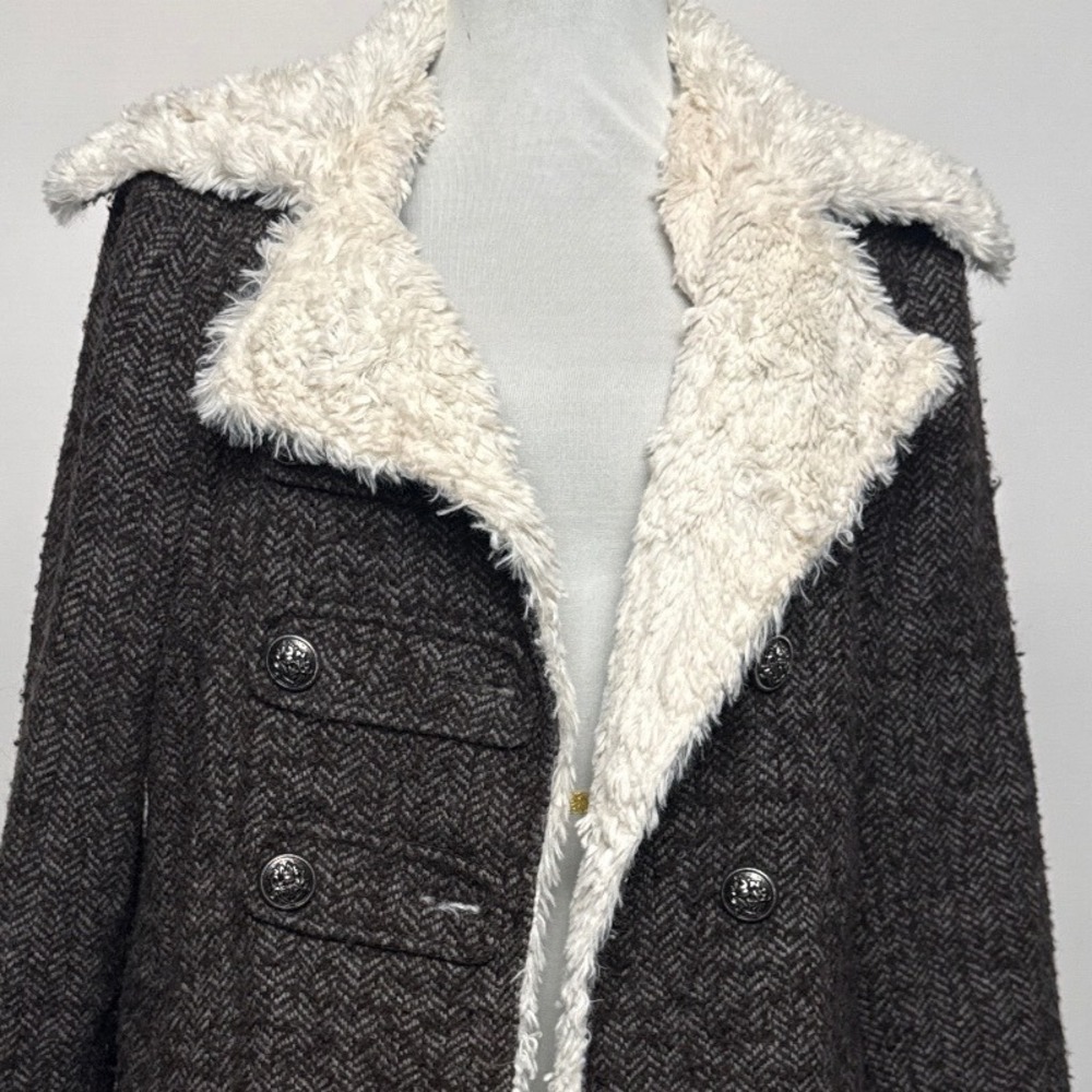 Y2K Forever 21 Brown Herringbone Double Breasted Faux Fur Trim Coat Womens Large - Picture 5 of 12